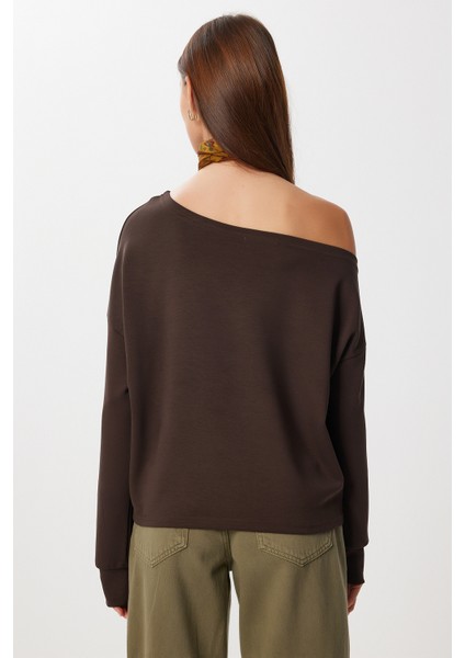 Açık Omuzlu Yumuşak Modal Sweatshirt LUB0252 Kahverengi indirimleri