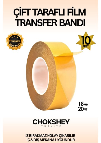 Premium Süper Tutuş Güçlü Şeffaf Pp Özellikli Çift Taraflı Film Transfer Bant 18MMX20MT - 10 Adet