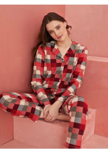 Kadın Süvet Pijama Takımı Uzun Kollu Kırmızı Kareli Rahat Ev Giyim fiyatları