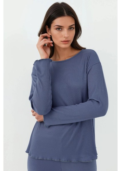 Kadın Yüksek Bel Uzun Kollu Pijama Takımı Oxford Mavisi