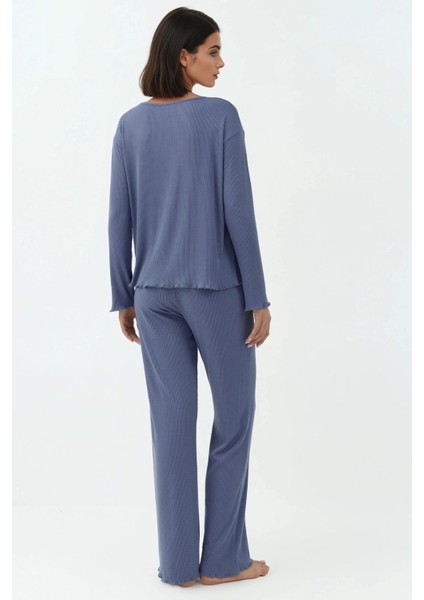 Kadın Yüksek Bel Uzun Kollu Pijama Takımı Oxford Mavisi modelleri