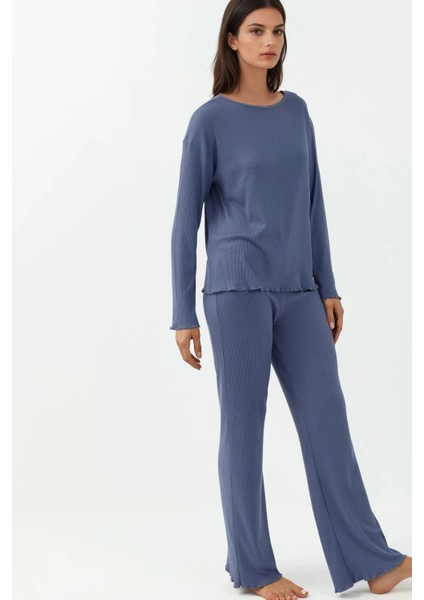 Kadın Yüksek Bel Uzun Kollu Pijama Takımı Oxford Mavisi fırsatları