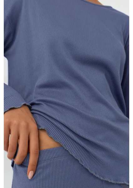 Kadın Yüksek Bel Uzun Kollu Pijama Takımı Oxford Mavisi indirimleri