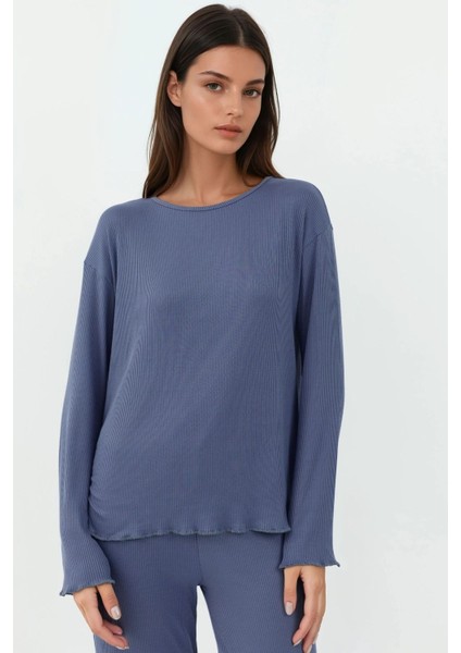 Kadın Yüksek Bel Uzun Kollu Pijama Takımı Oxford Mavisi