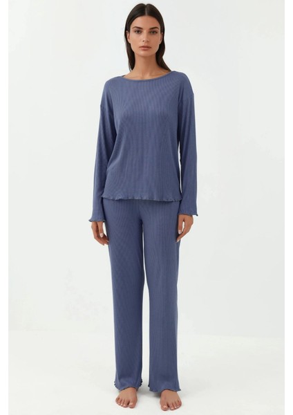Kadın Yüksek Bel Uzun Kollu Pijama Takımı Oxford Mavisi