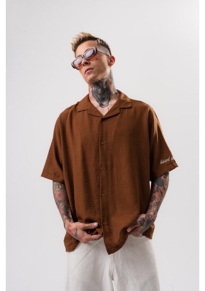 Erkek Respire Nakışlı Oversize Keten Gömlek Kahve modelleri