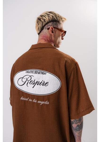 Erkek Respire Nakışlı Oversize Keten Gömlek Kahve fırsatları