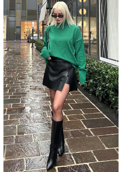 Siyah Mini Boy Kadın Deri Etek MG2298