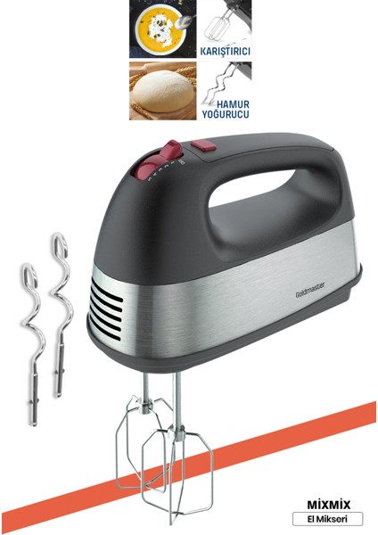 Paslanmaz Çelik Turbo El Mikseri, 5 Hız, Çok Amaçlı Çırpma ve Yoğurma Aparatı