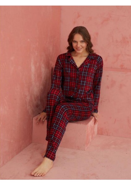 Kadın Süvet Pijama Takımı Uzun Kollu Düğmeli Kareli Çiçekli Desenli Rahat Ev Giyim fiyatları