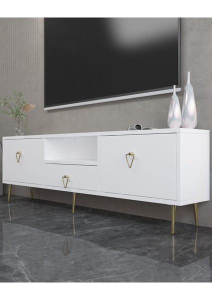 1306DROPDH-1 Tv Sehpası Beyaz-Altın Kulp fiyatları