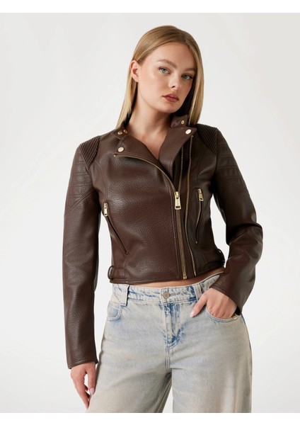 Jeannine Kadın Kahverengi Biker Ceket W5YL19WHDS0-FN09