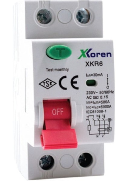 XKR06-2AC30-025 ,ac 2-Kutup 25A/30MA/6KA Kaçak Akım Röle