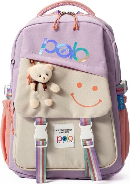 Polo Kız Çocuk Okul Çantası Pembe Mor Ayıcık Askılı Gülücük Desenli