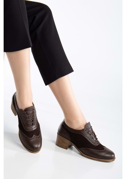 Kadın Hakiki Deri Topuklu Oxford Ayakkabı - Kahve