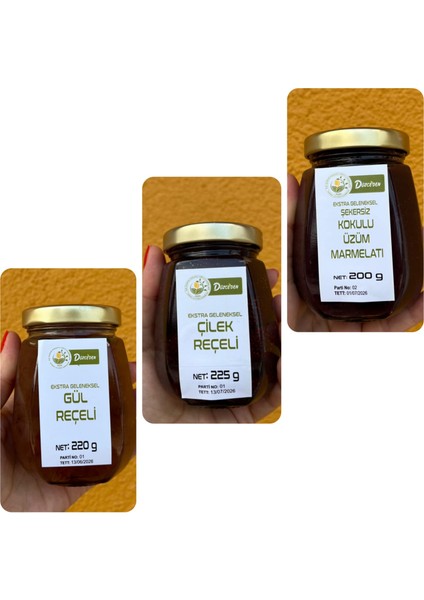 Gül Reçeli 220 G+Düzce'den Çilek Reçeli 225 G+Düzce'den Şekersiz Kokulu Üzüm Marmelatı 200 g