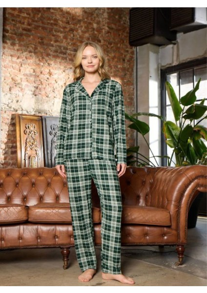 Kadın Pijama Takımı – Yeşil Ekose Desenli, Süet Uzun Kollu, Rahat Kumaş fiyatları