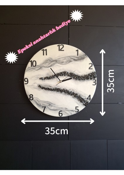 Duvar Saati - 35CM - Modern Dekoratif Duvar Saati - Epoksi El Yapımı Duvar Saati-Siyah Taşlı Özeltasarım