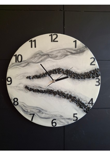 Duvar Saati - 35CM - Modern Dekoratif Duvar Saati - Epoksi El Yapımı Duvar Saati-Siyah Taşlı Özeltasarım fırsatları