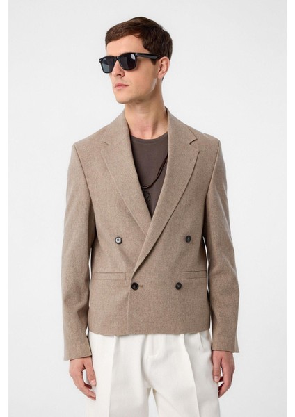 Kahve Relax Fit Kruvaze Crop Erkek Blazer Ceket