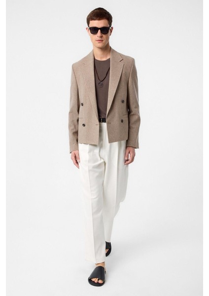Kahve Relax Fit Kruvaze Crop Erkek Blazer Ceket