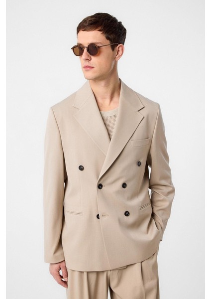 Koyu Bej Relax Fit Kruvaze Erkek Blazer Ceket