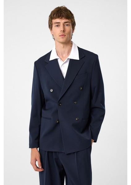 Lacivert Relax Fit Kruvaze Erkek Blazer Ceket