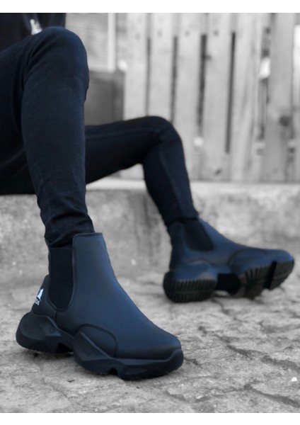 ET0444 Bağcıksız Rahat Yüksek Taban Siyah Erkek Spor Yarım Bilek Bot