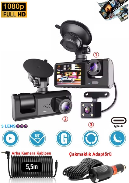 Pro CC33 1080P Full Hd Araç Içi Kamera Ön Arka ve Iç Kayıt 3 Kamera Gece Görüşlü G Sensör Geniş Açı