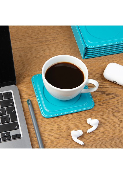Bardak Altlığı,6’lı Set,masaüstü Yuvarlak Cup Coaster,vegan Suni DERI,11X11 Cm.,turkuaz