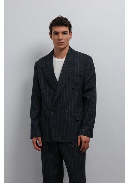 Lacivert Çizgili Kruvaze Erkek Blazer Ceket