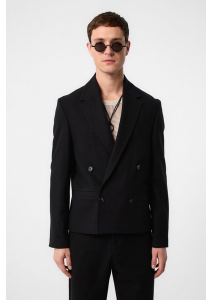 Siyah Relax Fit Kruvaze Crop Erkek Blazer Ceket