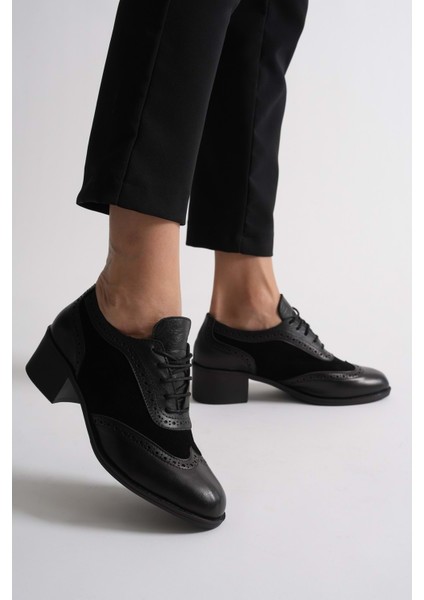 Kadın Hakiki Deri Topuklu Oxford Ayakkabı - Siyah
