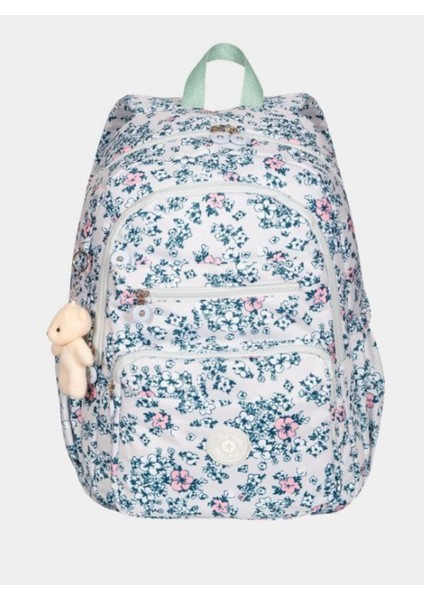 Çiçek Desenli Okul Çantası – Mavi Beyaz, Çok Gözlü, Peluş Anahtarlıklı