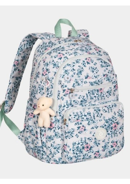 Çiçek Desenli Okul Çantası – Mavi Beyaz, Çok Gözlü, Peluş Anahtarlıklı fiyatları