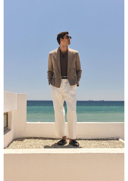 Kahve Relax Fit Kruvaze Crop Erkek Blazer Ceket