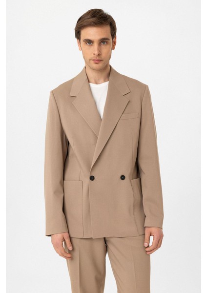 Bej Relax Fit Kruvaze Kapama Erkek Teknik Blazer Ceket
