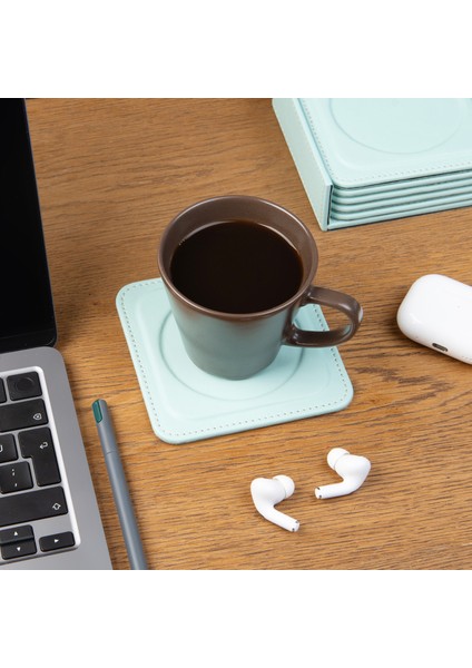 Bardak Altlığı,6’lı Set,masaüstü Yuvarlak Cup Coaster,vegan Suni DERI,11X11 Cm.,su Yeşili