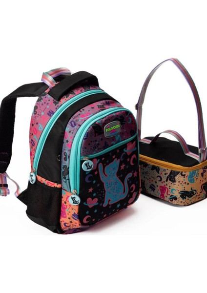 Kız Çocuk Kedi Desenli 2’li Okul Çanta Seti – Siyah Renkli Sırt Çantası ve Beslenme Çantası