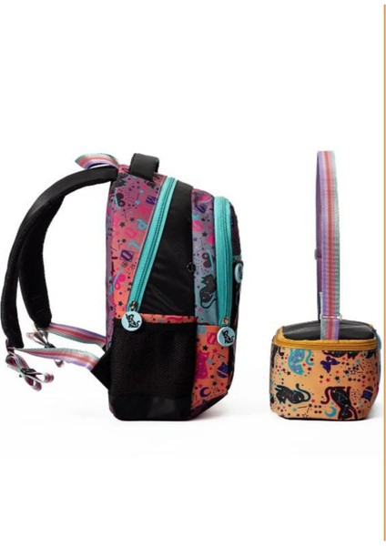 Kız Çocuk Kedi Desenli 2’li Okul Çanta Seti – Siyah Renkli Sırt Çantası ve Beslenme Çantası modelleri