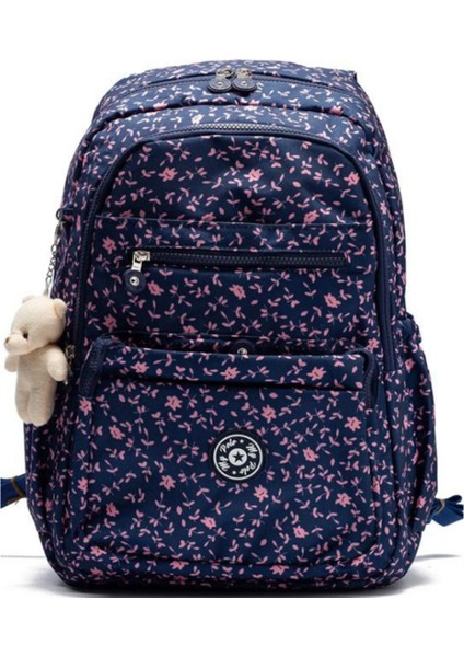 Çok Cepli Su Geçirmez Krınkıl Kumaş Günlük ve Okul Sırt Çanta Lacivert/pembe