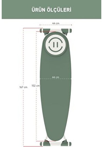 Premium Ütü Masası Yeşil Standart Tasarım 44 x 152 cm Yükseklik Ayarlı 7 kg