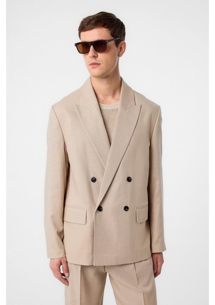 Bej Relax Fit Keten Karışımlı Erkek Blazer Ceket