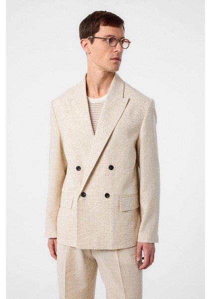 Ekru Relax Fit Keten Karışımlı Erkek Blazer Ceket