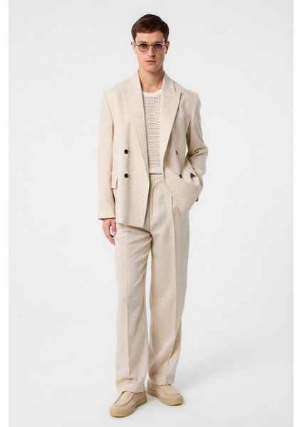 Ekru Relax Fit Keten Karışımlı Erkek Blazer Ceket fiyatları