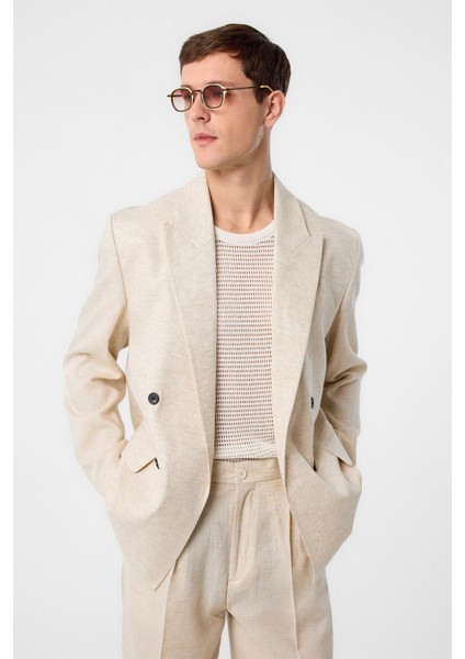 Ekru Relax Fit Keten Karışımlı Erkek Blazer Ceket modelleri
