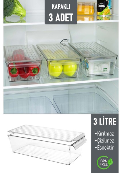 Kapaklı Buzdolabı Düzenleyici Meyve Sebze Saklama Kabı Organizer 3 Litre x 3 Adet