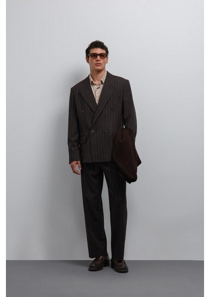 Kahve Çizgili Kruvaze Erkek Blazer Ceket