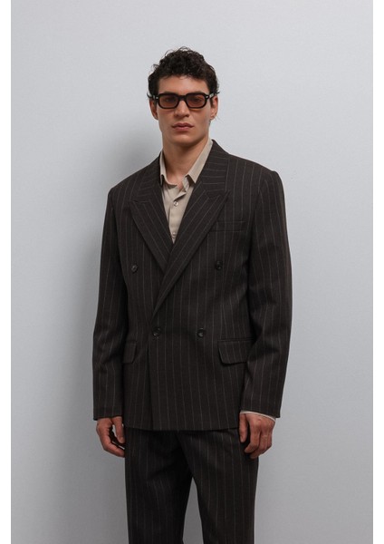 Kahve Çizgili Kruvaze Erkek Blazer Ceket