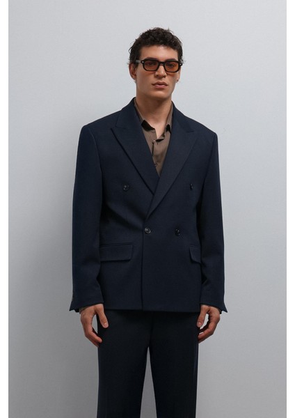 Lacivert Relax Fit Kruvaze Erkek Blazer Ceket